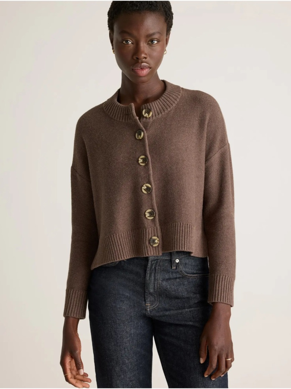 Quince Women's Taupe Button-Up Ribbed Hem Cardigan